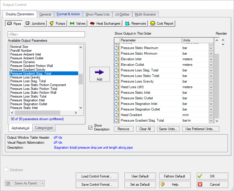 The Pipes section of the Output Control window.